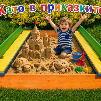 Детски дървен пясъчник с трансформиращи се пейки